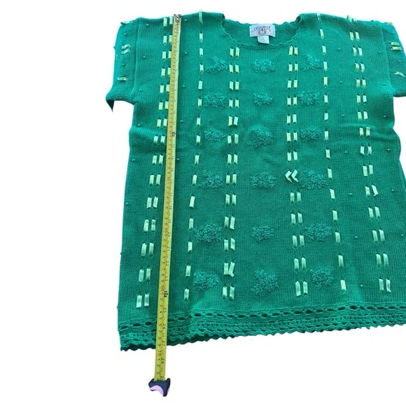 Cervelle Green Crochet Trim Whimsical Knit Sweater Ribbon Embroidered Floral L - Picture 9 of 15